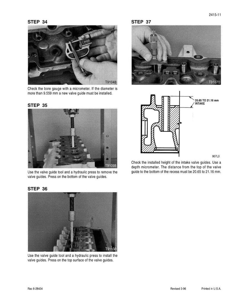 May include: Technical diagrams and instructions for automotive engine repair. The image shows steps for valve guide installation and measurement, including the use of a micrometer and hydraulic press. Text includes measurements in millimeters.