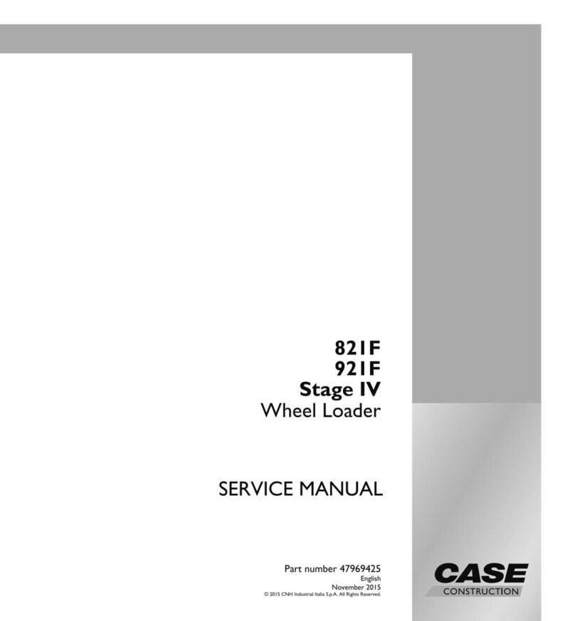 May include: A white service manual with the text "821F 921F Stage IV Wheel Loader SERVICE MANUAL". The Case Construction logo is in the bottom right corner. The part number is 47969425.