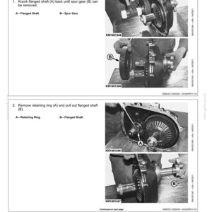 May include: A technical manual page titled Transmission - Outer Gathering Drums, detailing the disassembly of a spur gear angle drive housing. It features four black and white photographs showing mechanical parts, gears, shafts, and tools in use.