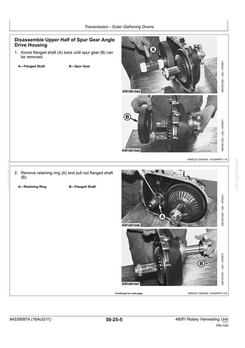 May include: A technical manual page titled Transmission - Outer Gathering Drums, detailing the disassembly of a spur gear angle drive housing. It features four black and white photographs showing mechanical parts, gears, shafts, and tools in use.