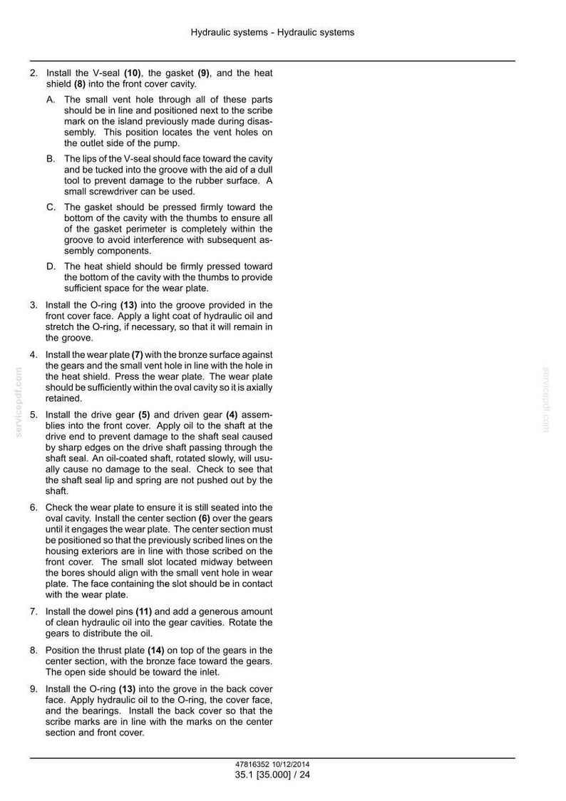 May include: A page from a manual detailing hydraulic systems, with numbered steps and diagrams. Instructions include installing seals, gaskets, and wear plates. The text is in black font on a white background.