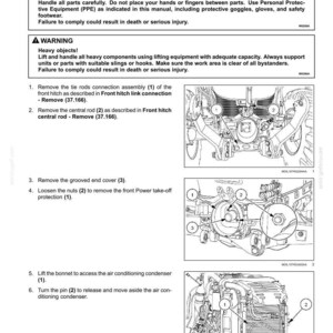 Puede incluir: Diagrama del procedimiento de extracci&oacute;n del soporte del enganche delantero. La imagen incluye advertencias de seguridad e instrucciones numeradas. Los pasos muestran c&oacute;mo quitar las r&oacute;tulas, las varillas centrales y el condensador del aire acondicionado.