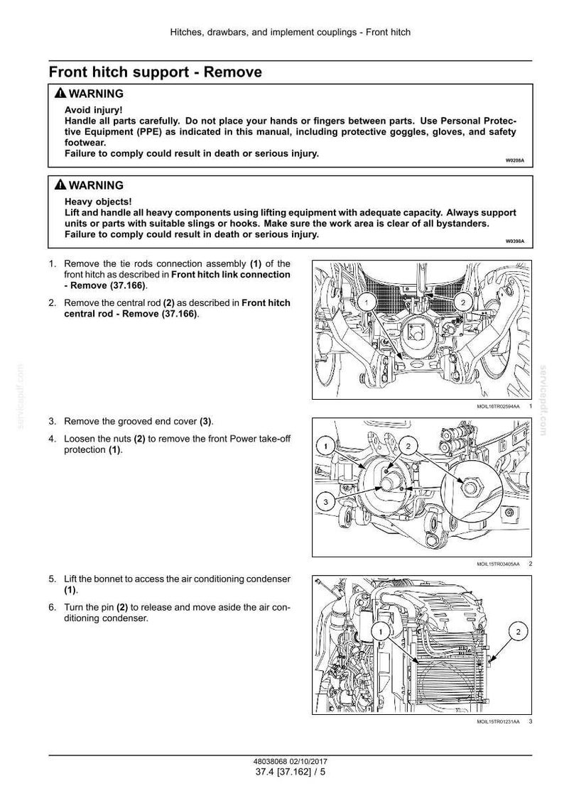 Puede incluir: Diagrama del procedimiento de extracci&oacute;n del soporte del enganche delantero. La imagen incluye advertencias de seguridad e instrucciones numeradas. Los pasos muestran c&oacute;mo quitar las r&oacute;tulas, las varillas centrales y el condensador del aire acondicionado.