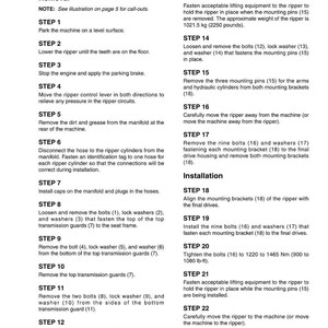 May include: A printed manual page detailing the removal and installation of a ripper. The text includes numbered steps, diagrams, and safety instructions. The approximate weight of the ripper is 2250 pounds.