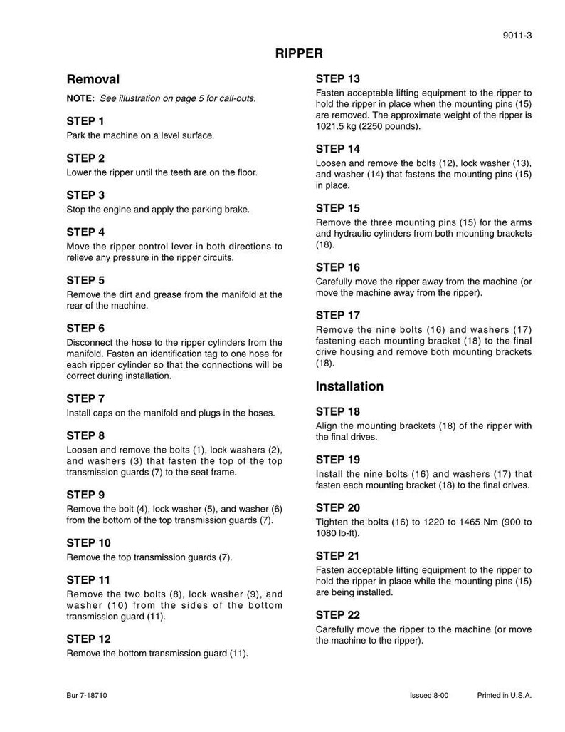 May include: A printed manual page detailing the removal and installation of a ripper. The text includes numbered steps, diagrams, and safety instructions. The approximate weight of the ripper is 2250 pounds.