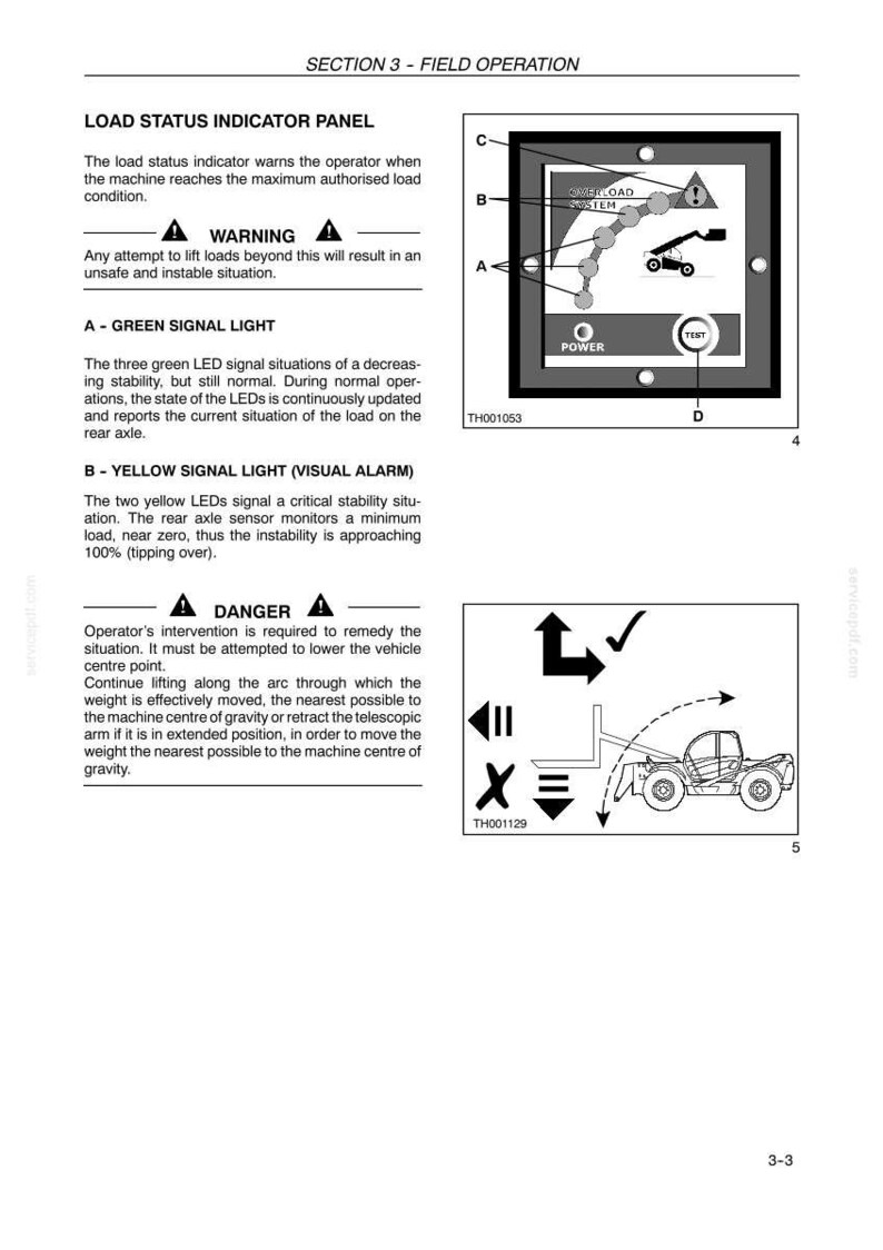 May include: Diagram from a manual showing a load status indicator panel and a vehicle illustration. The panel has a warning symbol and text, with green and yellow signal lights. The vehicle illustration shows a forklift with arrows.