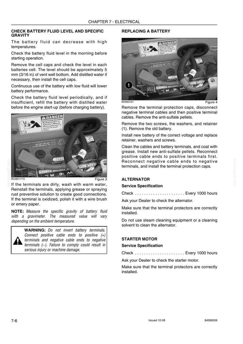 May include: A page from a manual detailing battery maintenance and replacement procedures. Includes diagrams, warnings, and instructions for checking fluid levels, cleaning terminals, and replacing the battery. The text includes the words "WARNING" and "DANGER".