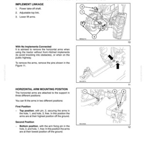 May include: A technical manual page titled FRONT THREE-POINT LINKAGE featuring three black and white line drawings of tractor components. The diagrams illustrate the power take-off shaft, adjustable top link, and lower lift arms with numbered labels.