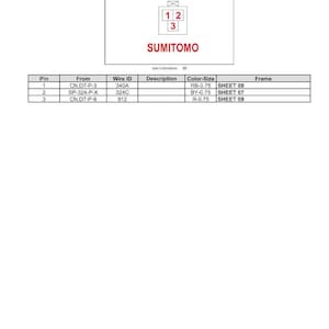 May include: Diagram of a CN.E11 water temperature sensor (female) with three pins, labeled 1, 2, and 3. The diagram includes a table with pin, wire ID, description, color-size, and frame information. The brand name SUMITOMO is visible.