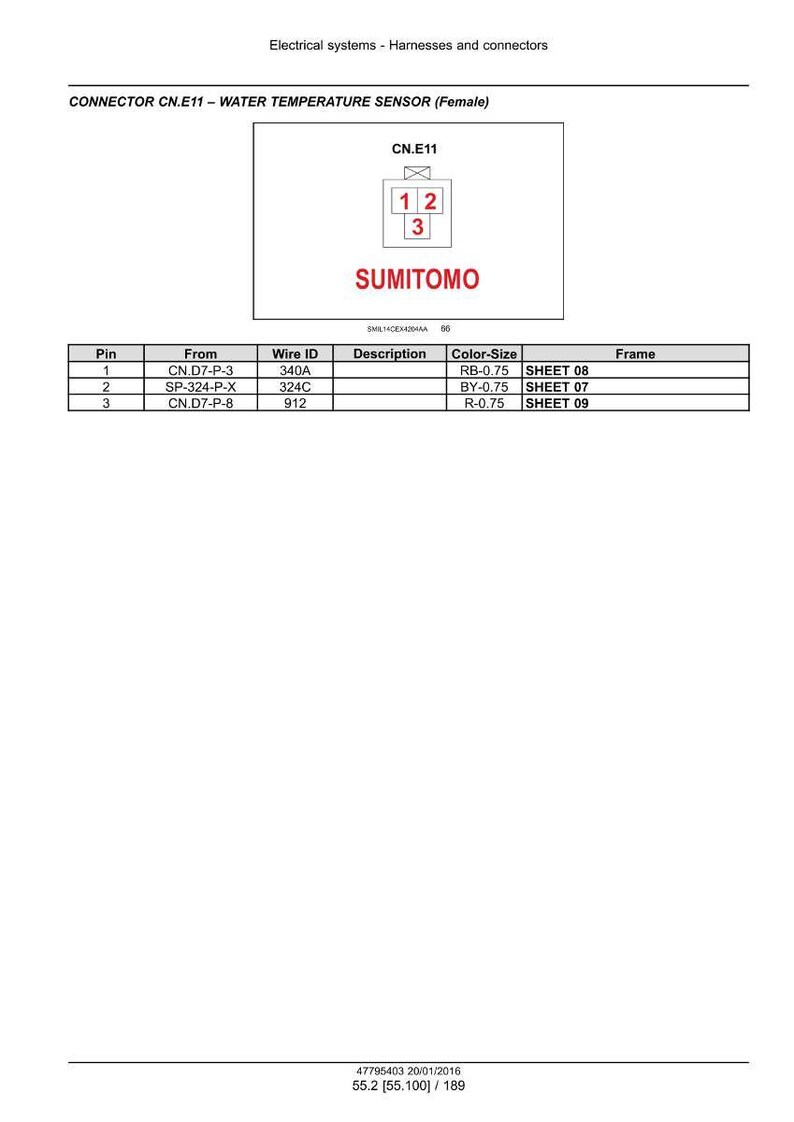 May include: Diagram of a CN.E11 water temperature sensor (female) with three pins, labeled 1, 2, and 3. The diagram includes a table with pin, wire ID, description, color-size, and frame information. The brand name SUMITOMO is visible.