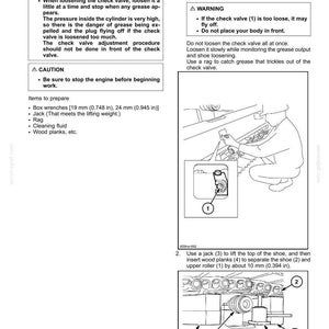 May include: Diagram illustrating the removal and installation of an upper roller. The image includes instructions, warnings, and diagrams with numbered components, including a check valve, shoe, and wood planks. Measurements are provided in inches.