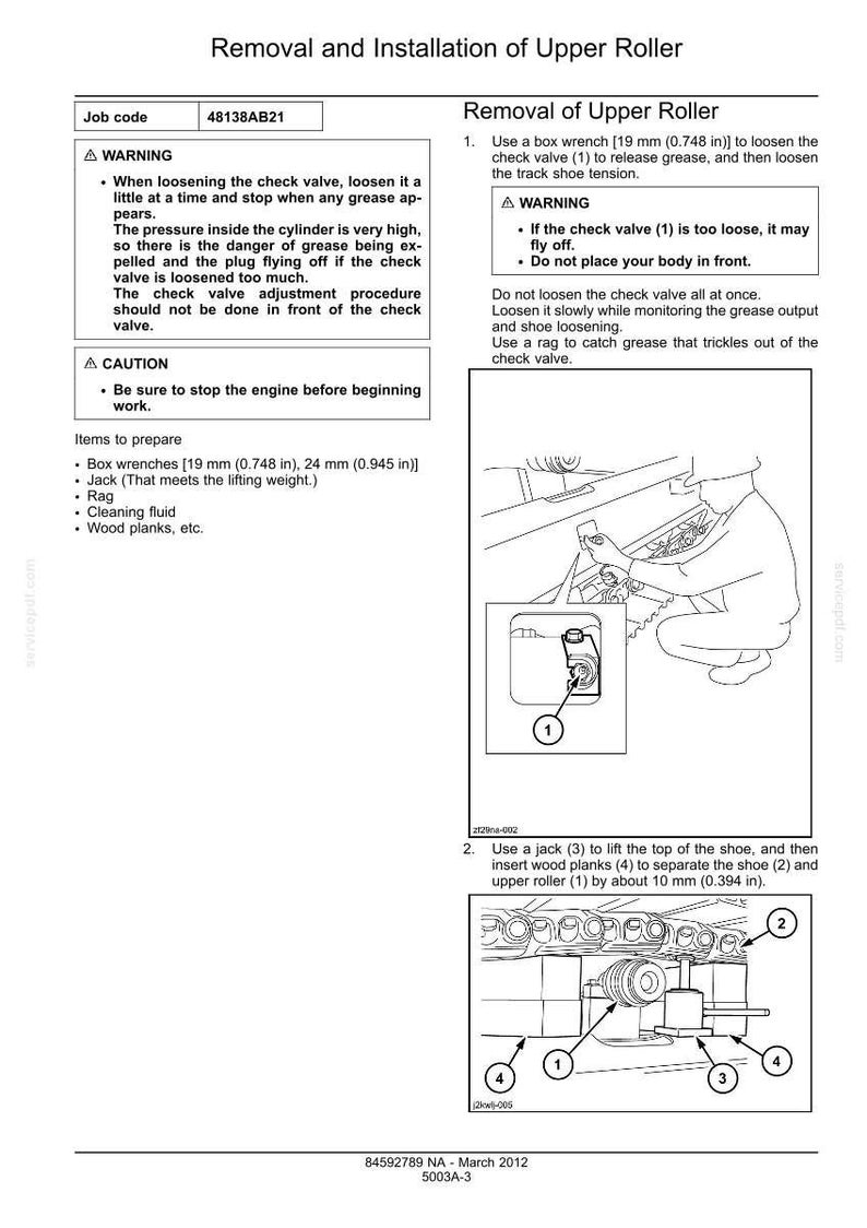 May include: Diagram illustrating the removal and installation of an upper roller. The image includes instructions, warnings, and diagrams with numbered components, including a check valve, shoe, and wood planks. Measurements are provided in inches.