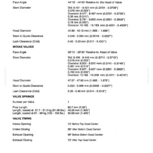 May include: A technical document page titled Section 6 - Engine, detailing specifications for exhaust valves, intake valves, valve springs, and valve timing. It lists precise measurements in both millimeters and inches for various engine components.