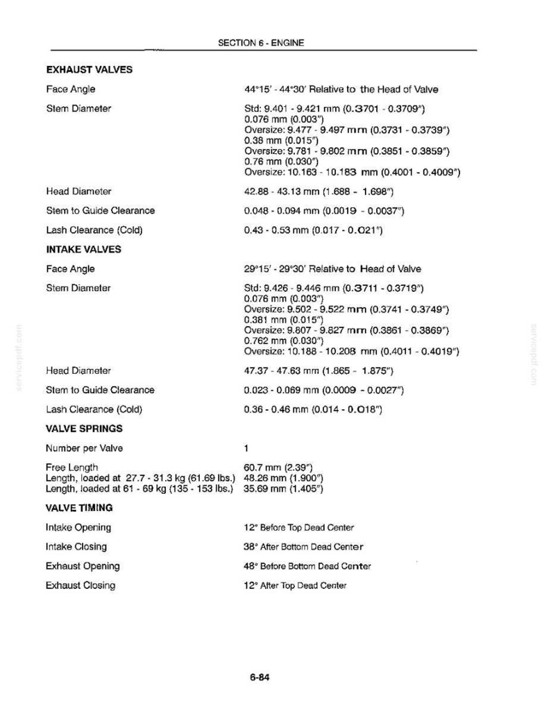 May include: A technical document page titled Section 6 - Engine, detailing specifications for exhaust valves, intake valves, valve springs, and valve timing. It lists precise measurements in both millimeters and inches for various engine components.