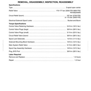 May include: A technical document page titled CONTROL VALVE (With Bolt-On Solenoid Blocks) detailing hydraulic system specifications, torque requirements in N-m and ft. lbs., and labor hours for removal, disassembly, inspection, and reassembly.