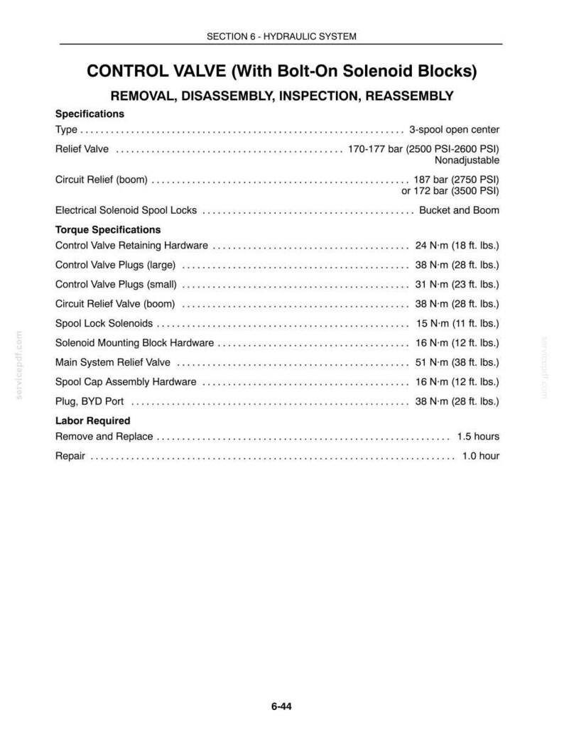 May include: A technical document page titled CONTROL VALVE (With Bolt-On Solenoid Blocks) detailing hydraulic system specifications, torque requirements in N-m and ft. lbs., and labor hours for removal, disassembly, inspection, and reassembly.