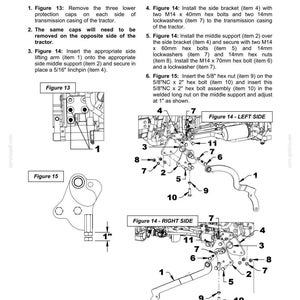 Puede incluir: Una p&aacute;gina de instrucciones t&eacute;cnicas de montaje para un tractor, con diagramas etiquetados como Figura 13, 14 y 15. El texto detalla la instalaci&oacute;n de soportes centrales, soportes laterales, pernos hexagonales, arandelas y tuercas.