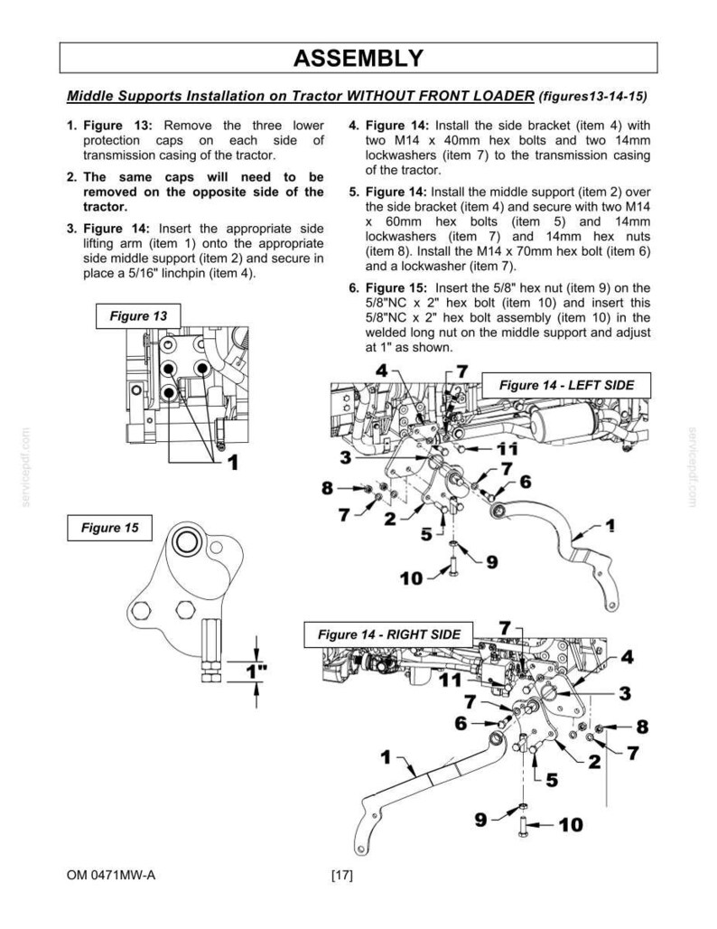Puede incluir: Una p&aacute;gina de instrucciones t&eacute;cnicas de montaje para un tractor, con diagramas etiquetados como Figura 13, 14 y 15. El texto detalla la instalaci&oacute;n de soportes centrales, soportes laterales, pernos hexagonales, arandelas y tuercas.