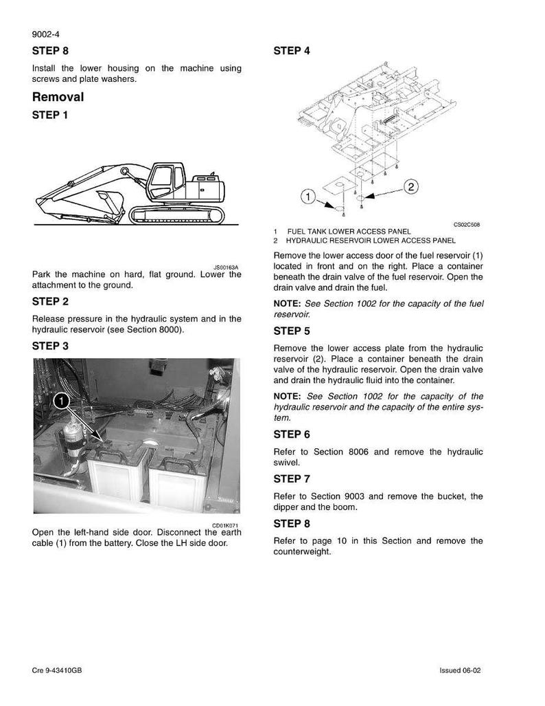 Op de afbeelding: Een pagina uit een technisch handboek met instructies voor machineonderhoud. Diagrammen tonen een graafmachine en zijn onderdelen. Tekst geeft stapsgewijze instructies voor verwijdering en onderhoud, inclusief het aftappen van vloeistoffen.