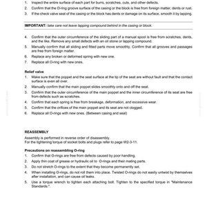 May include: A technical document page titled CONTROL VALVE E485B, detailing inspection and reassembly procedures. The text provides numbered instructions for cleaning, checking for defects, and replacing O-rings for control and relief valves.
