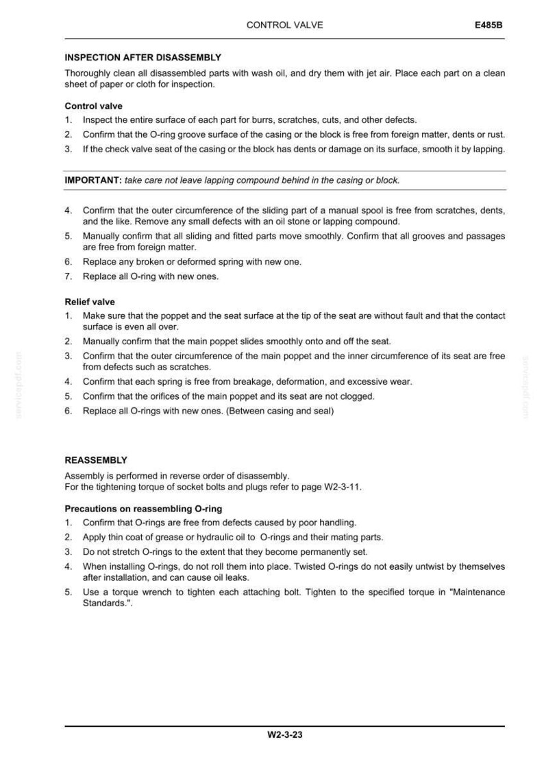 May include: A technical document page titled CONTROL VALVE E485B, detailing inspection and reassembly procedures. The text provides numbered instructions for cleaning, checking for defects, and replacing O-rings for control and relief valves.