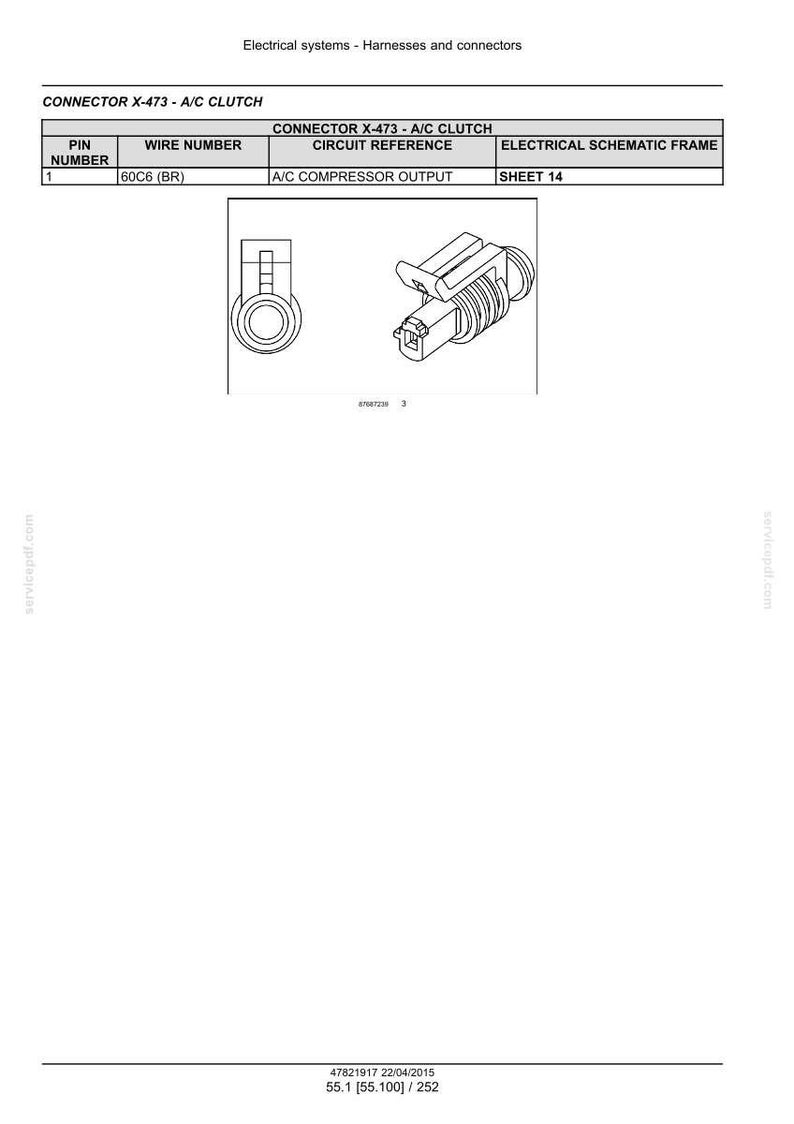 May include: Diagram of an A/C clutch connector, part of an electrical system. The image includes a schematic frame and circuit reference details. The text includes "CONNECTOR X-473 - A/C CLUTCH" and "A/C COMPRESSOR OUTPUT".