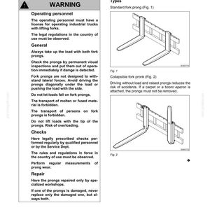 Puede incluir: Una p&aacute;gina de documento t&eacute;cnico titulada Operating Instructions W50TC W80TC de New Holland. Contiene advertencias de seguridad para horquillas de elevaci&oacute;n, incluyendo texto sobre personal operativo, uso general y mantenimiento, junto a dos diagramas.