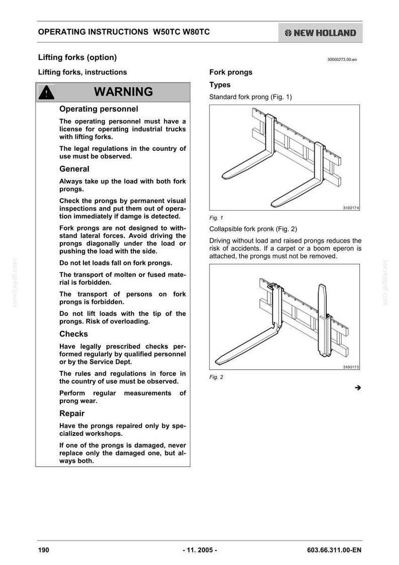 Puede incluir: Una p&aacute;gina de documento t&eacute;cnico titulada Operating Instructions W50TC W80TC de New Holland. Contiene advertencias de seguridad para horquillas de elevaci&oacute;n, incluyendo texto sobre personal operativo, uso general y mantenimiento, junto a dos diagramas.