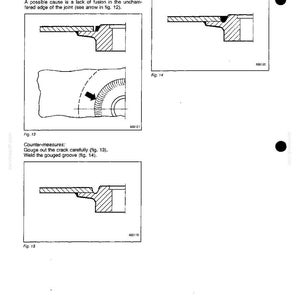 May include: Diagrams illustrating repair welding techniques, focusing on a sharp radial crack along an unchamfered edge. The text includes instructions for gouging out the crack and welding the groove. Figures 12, 13, and 14 are referenced.