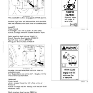 May include: A technical safety information page featuring two diagrams of machinery articulation areas. The top section shows a DANGER decal with a crush hazard warning. The bottom section shows a WARNING decal regarding a crush hazard and lock link.