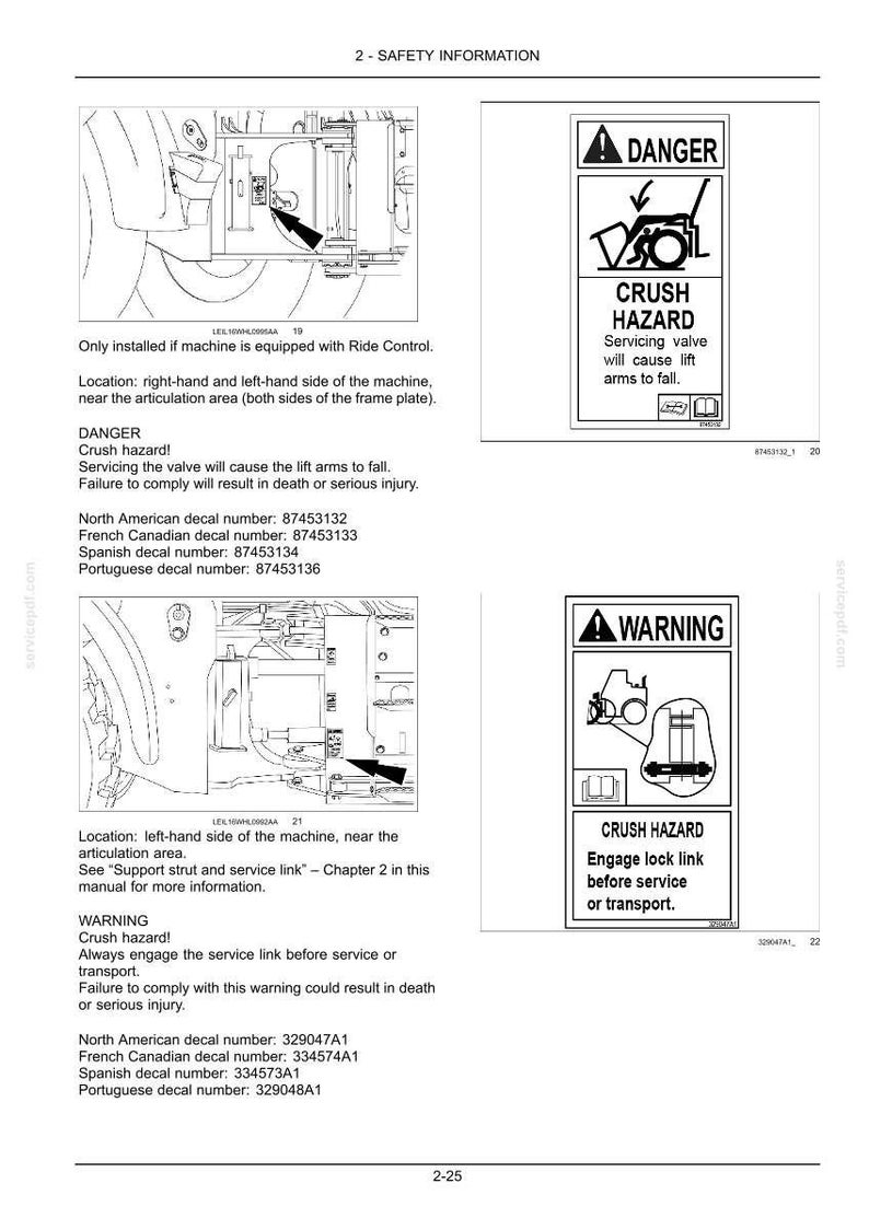 May include: A technical safety information page featuring two diagrams of machinery articulation areas. The top section shows a DANGER decal with a crush hazard warning. The bottom section shows a WARNING decal regarding a crush hazard and lock link.