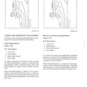 May include: A technical diagram titled CONTROLS, INSTRUMENTS, AND OPERATION showing two figures, 1-24 and 1-25, illustrating the lower link sensitivity adjustment. The diagrams display components labeled 1 through 4, including the lower link, shaft spacer, wear plate spacer, and wear plate, with accompanying text instructions for light, medium, and heavy applications.