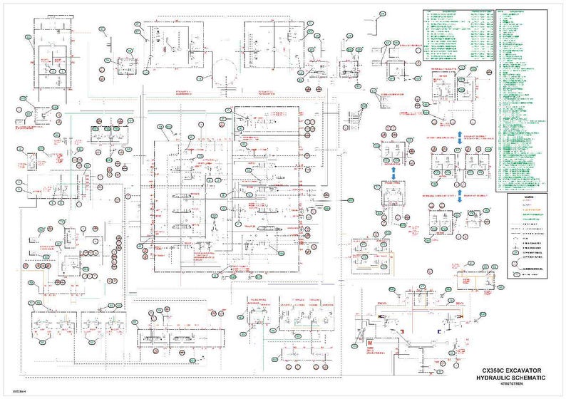 May include: A detailed schematic diagram of a CX350C excavator's hydraulic system. The diagram is filled with lines, circles, and symbols, with text labels and a legend in the upper right corner. The title "CX350C EXCAVATOR HYDRAULIC SCHEMATIC" is at the bottom.