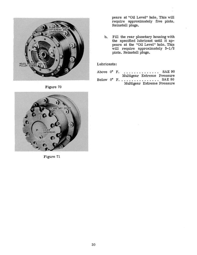 May include: Two detailed grayscale diagrams of mechanical components, labeled "Figure 70" and "Figure 71." Figure 70 shows a circular assembly with text including "Planetary Spicer" and "Cap Screws." Figure 71 shows a similar component with "Planetary Cover" text.