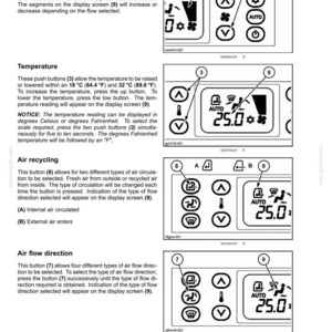 May include: Diagram of a car's climate control panel with buttons for ventilation, temperature, air recycling, and air flow direction. The display shows temperature in Celsius and Fahrenheit.