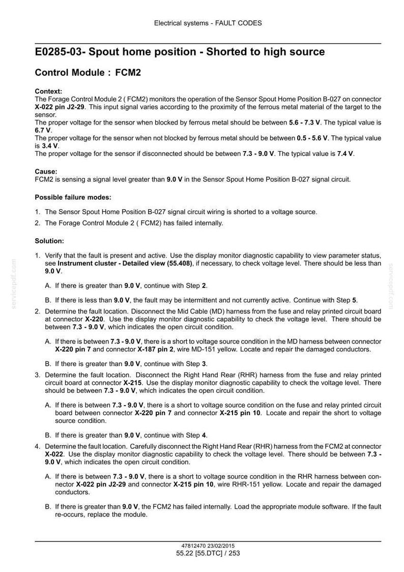 May include: A technical document detailing fault codes for an electrical system, titled "E0285-03- Spout home position - Shorted to high source." It provides troubleshooting steps, voltage specifications, and information on the control module FCM2.