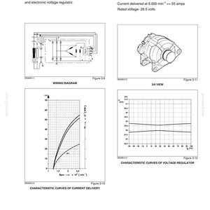 K&ouml;nnte beinhalten: Eine technische Seite aus einem Motorreparaturhandbuch mit dem Titel Kapitel 3 - Laden und Starten, die einen Bosch 28 Volt 35-70 Ampere Lichtmaschinen-Typ beschreibt. Sie enth&auml;lt einen Schaltplan, eine 3/4-Ansicht und zwei Leistungskurvendiagramme.