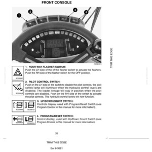 May include: Close-up of a front console with instrument controls. The console features a digital display and several labeled switches, including a four-way flasher switch and a pilot control switch. The image includes text describing the function of each switch.