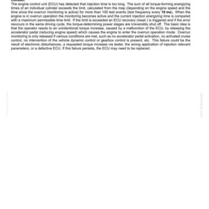 May include: A document detailing fault codes for electrical systems. The text includes the fault code 3265, describing an issue where energizing time exceeds the limit of over run monitoring, injection time too long. The document provides context and potential causes.