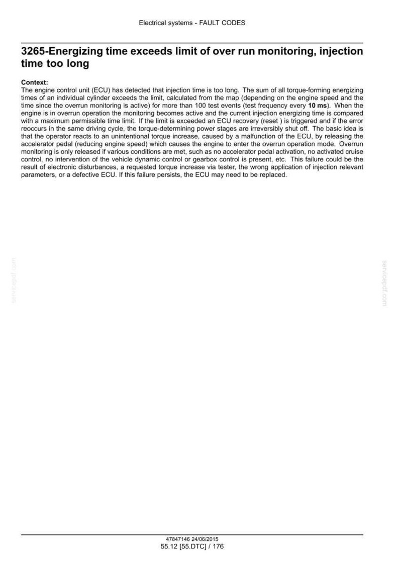 May include: A document detailing fault codes for electrical systems. The text includes the fault code 3265, describing an issue where energizing time exceeds the limit of over run monitoring, injection time too long. The document provides context and potential causes.