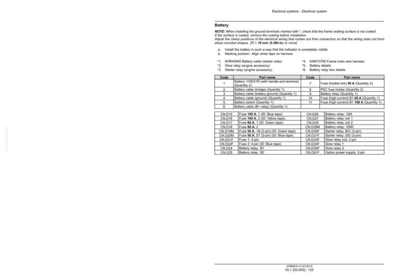 May include: A page from an electrical systems manual, featuring a detailed diagram and a parts list for a battery system. The text includes notes on installation and a table with codes and part names.