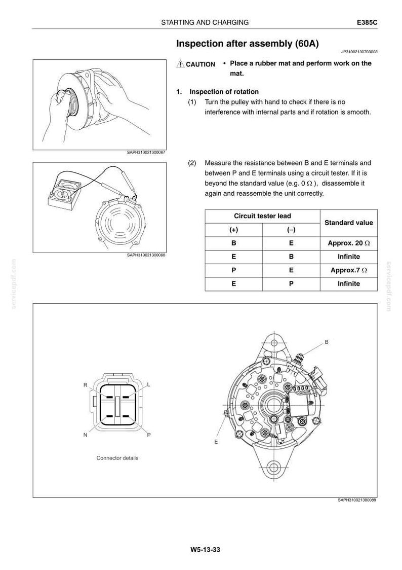 May include: Diagram of an automotive component inspection process. Includes illustrations of a pulley, circuit tester, and component diagrams. Text includes "Inspection after assembly (60A)" and a table of circuit tester leads and standard values.