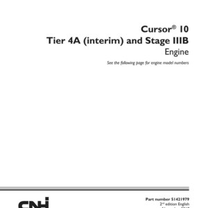 K&ouml;nnte beinhalten: Ein wei&szlig;es Servicehandbuch mit dem Titel "SERVICE MANUAL" und dem Text "Cursor 10 Tier 4A (interim) and Stage IIIB Engine." Das CNH Industrial-Logo befindet sich unten. Teilenummer 51421979.