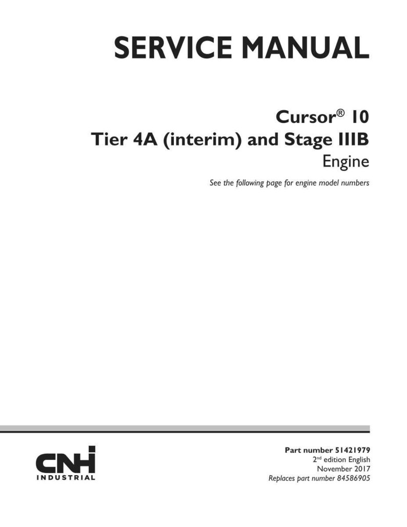 K&ouml;nnte beinhalten: Ein wei&szlig;es Servicehandbuch mit dem Titel "SERVICE MANUAL" und dem Text "Cursor 10 Tier 4A (interim) and Stage IIIB Engine." Das CNH Industrial-Logo befindet sich unten. Teilenummer 51421979.
