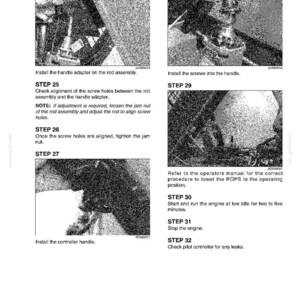 May include: A page from a manual with instructions for machinery maintenance. The steps include installing parts, checking alignment, and operating the engine. Text includes "Install the handle adapter", "Check pilot controller for any leaks."