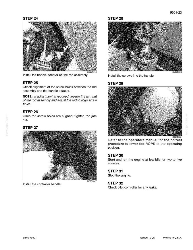 May include: A page from a manual with instructions for machinery maintenance. The steps include installing parts, checking alignment, and operating the engine. Text includes "Install the handle adapter", "Check pilot controller for any leaks."