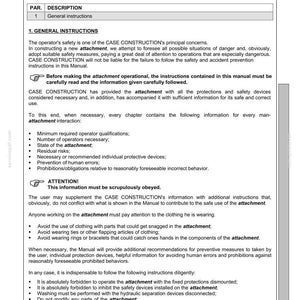 Puede incluir: Una p&aacute;gina del manual de CASE Construction, titulada "Demolici&oacute;n y clasificaci&oacute;n de agarre". El documento detalla las instrucciones de seguridad, incluidas las cualificaciones del operador, los riesgos residuales y los dispositivos de protecci&oacute;n. El texto enfatiza la importancia de seguir las pautas de seguridad.