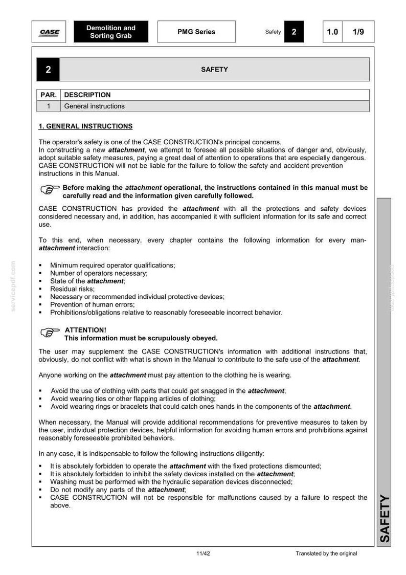 Puede incluir: Una p&aacute;gina del manual de CASE Construction, titulada "Demolici&oacute;n y clasificaci&oacute;n de agarre". El documento detalla las instrucciones de seguridad, incluidas las cualificaciones del operador, los riesgos residuales y los dispositivos de protecci&oacute;n. El texto enfatiza la importancia de seguir las pautas de seguridad.