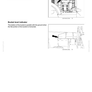 May include: A technical manual page titled 4 - OPERATING INSTRUCTIONS featuring two black and white line drawings. The top diagram shows an engine coolant heater connection point, and the bottom diagram illustrates a bucket level indicator.