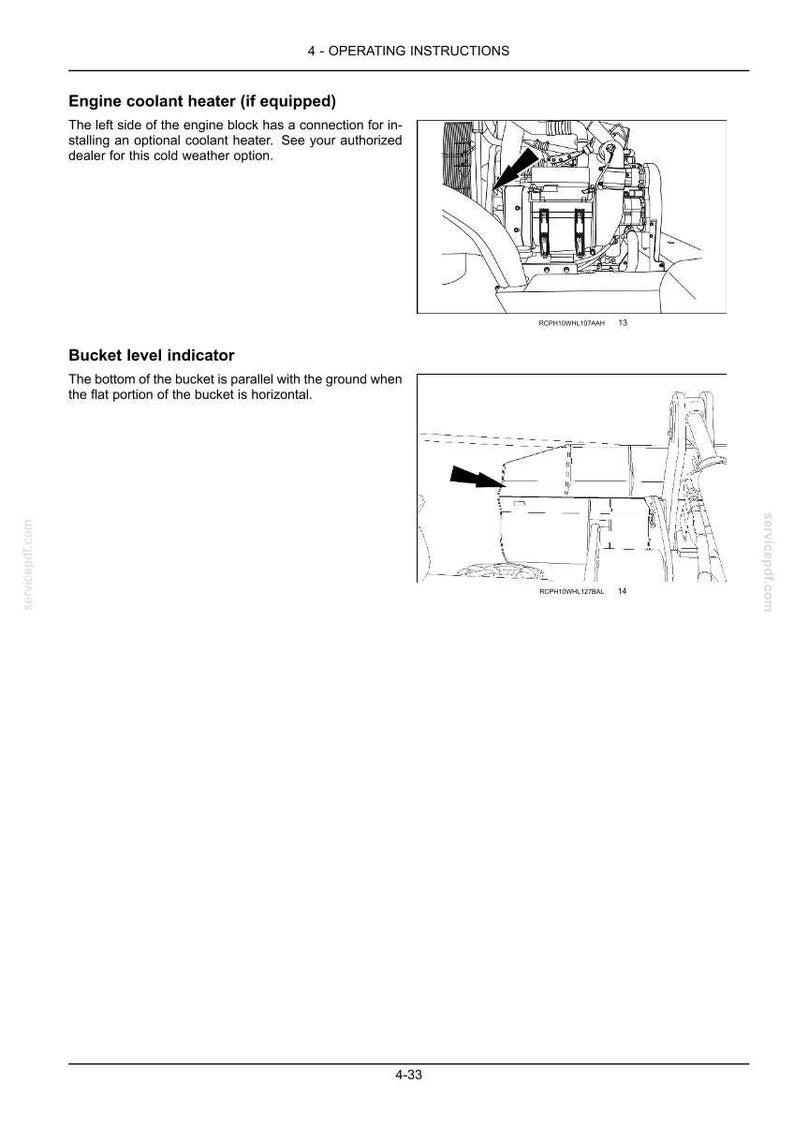 May include: A technical manual page titled 4 - OPERATING INSTRUCTIONS featuring two black and white line drawings. The top diagram shows an engine coolant heater connection point, and the bottom diagram illustrates a bucket level indicator.